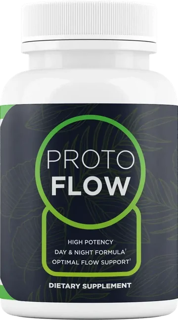 A white Protoflow capsule bottle with a dark navy label, a green ring around PROTO FLOW and the words High Potency, Day and Night Formula, Optimal Flow Support