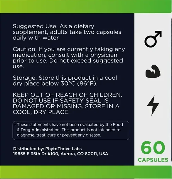 The left part of the flat Protoflow label: Suggested Use, Caution, Storage, the safety-seal line, the FDA statement and the distributor, with three small icons and 60 capsules