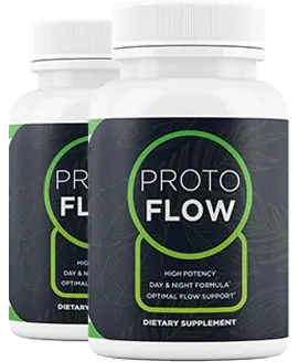 2 white Protoflow capsule bottles with dark labels and a green ring