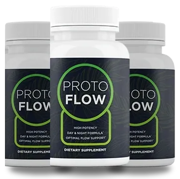 Three white Protoflow capsule bottles with dark labels