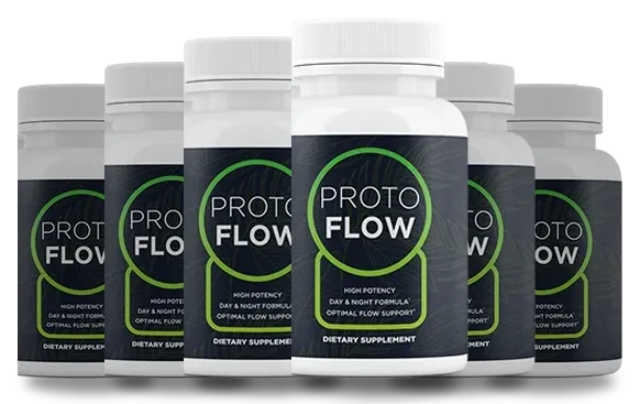 Six white Protoflow capsule bottles with dark labels, grouped together
